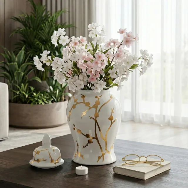 Ceramic Cherry Blossom Temple Jar for Home and Living Room Decor - Decorative Flower Vase for Bedroom, Entryway, or Office Display - 14", White & Gold