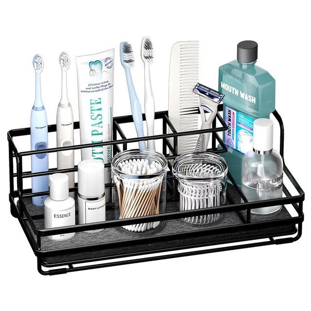 HapiRm Toothbrush Holders for Bathroom - 5 Partitions Bathroom Counter Organizer with Instant Drying Stone, Stainless Steel Countertop Storage Electric Toothbrush Toothpaste Holder - Black