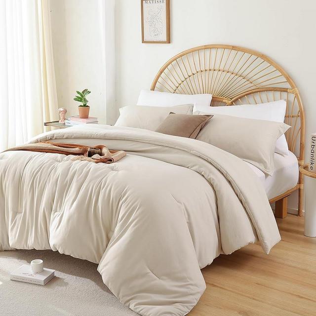 JANZAA King Size Comforter Set 7 Pieces Bed in a Bag Beige Comforter Solid Color Bedspread with Soft Microfiber Sheets Pillow Cases Pillow Shams Fitted Sheet Flat Sheet