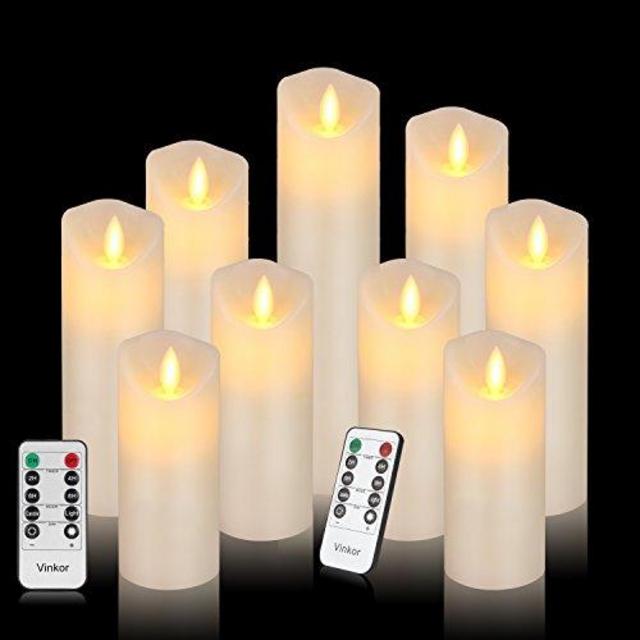Vinkor Flameless Candles Led Candles Set of 9(H 4" 5" 6" 7" 8" 9" xD 2.2") Ivory Real Wax Battery Operated Candles with Moving LED Flame & 10-Key Remote Control 2/4/6/8 Hours Timer
