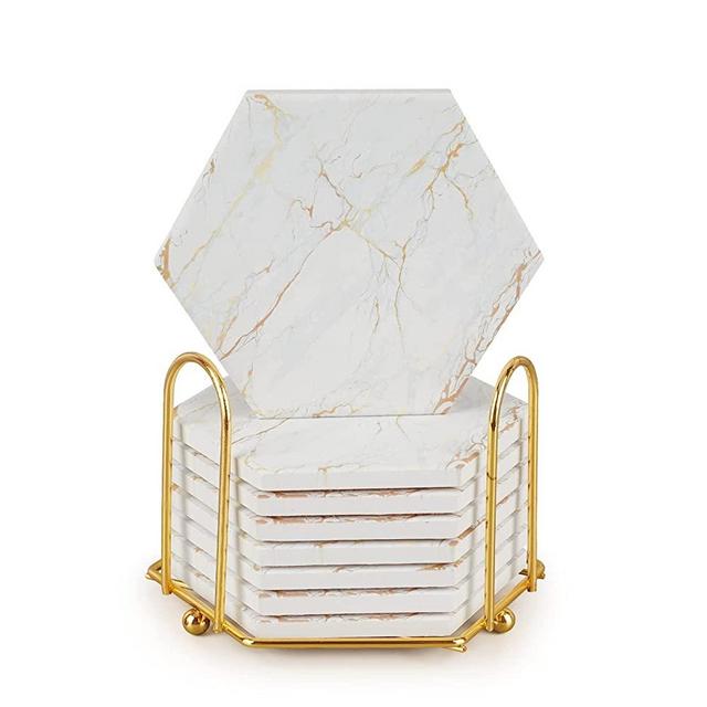 Geichan White and Gold Drink Coasters with Metal Holder, Absorbent Coasters Set of 8, Marble Style Ceramic Gold Coasters for Coffee Table,Gift for Birthday Housewarming Kitchen Bar