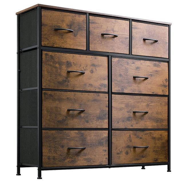 WLIVE 9-Drawer Dresser, Fabric Storage Tower for Bedroom, Nursery, Entryway, Closets, Tall Chest Organizer Unit with Textured Print Fabric Bins, Steel Frame, Wood Top, Easy Pull Handle, Rustic Brown