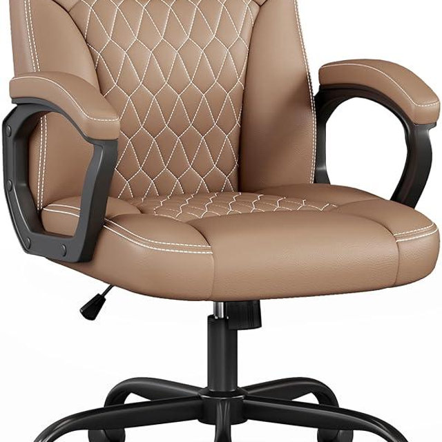 Misolant Office Chair, Executive Desk Chair, PU Leather Comfortable Ergonomic Chairs with Fixed Armrest, Adjustable Height, Rocking Function, 360° Swivel Wheels, Brown