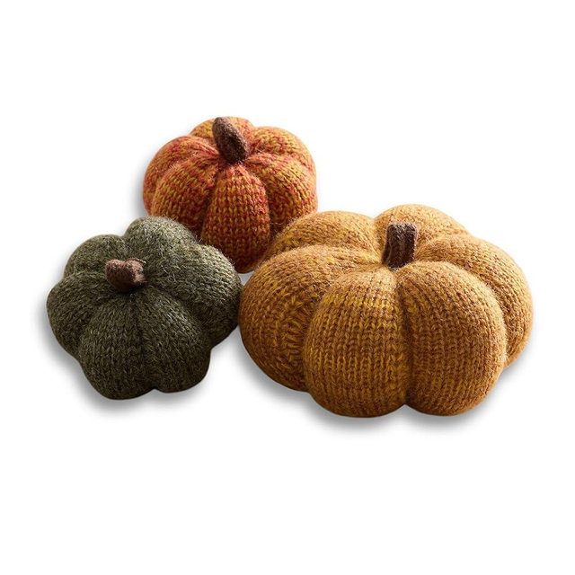 Your Heart's Content Set of 3 Cozy Mini Knit Pumpkins, Warm Green Gold Fall Table top décor, Soft Autumn Home Accents, Thanksgiving Table Setting (Marigold Multi-Size Set)