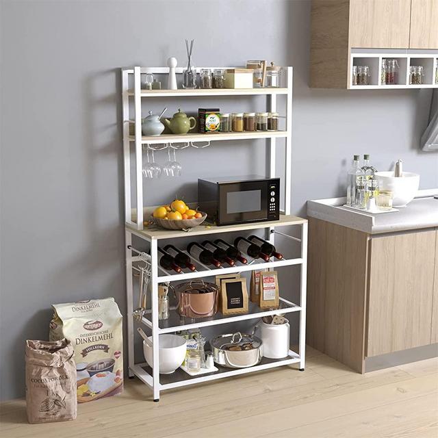 6 Tier Kitchen Bakers Rack with Wine Storage, Freestanding Kitchen Shelves with Hutch, Microwave Oven Stand, Coffee Bar Station with 4 Hooks, Wine Glass Holder, White Oak 35.5L x 13.8W x 64.7H