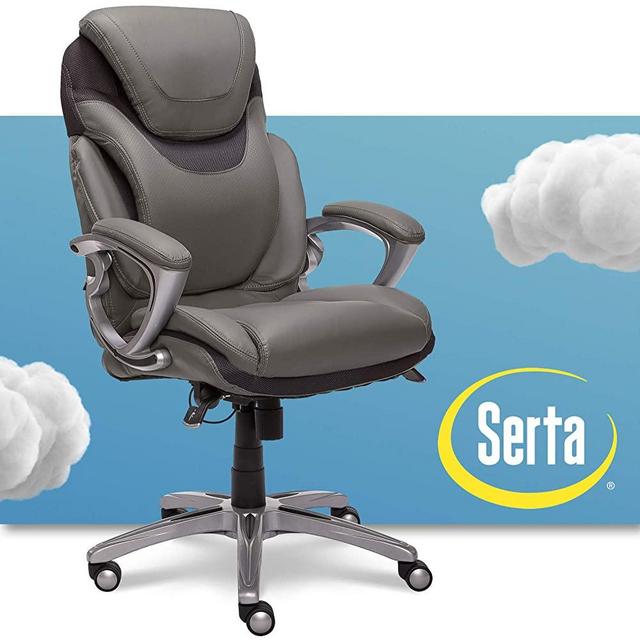 Serta AIR Health and Wellness Executive Office Chair High Back Ergonomic for Lumbar Support Task Swivel, Bonded Leather, Light Gray