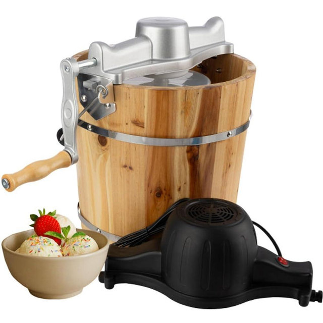 Electric Ice Cream Maker Machine - 4 Quart Old Fashioned Icecream Maker with Hand Crank and Electric Paddle - Pine Wood Bucket Ice Cream Machine for Frozen Yogurt, Gelato, Sorbet by Classic Cuisine