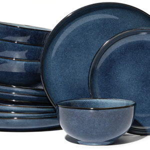 Stoneware Dinnerware Sets Service for 4, 12 pcs Reactive Glaze Plates and Bowls Sets, Handmade Ceramic Dish Set, Highly Chip and Crack Resistant Modern Plate Set, Starry Blue