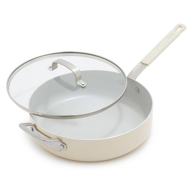 Bobby Flay 4.5qt Ceramic Nonstick Aluminum Saute Pan with Lid Cream: Dishwasher-Safe, Made Without PTFE & PFOA, 12" Diameter