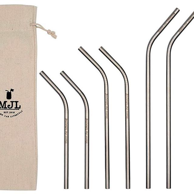 Combo Pack Thin Bent Stainless Steel Straws for Mason Jars (6 Pack + Cleaning Brush + Cloth Bag)