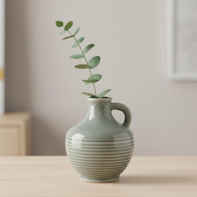 Sunddo Gray Ceramic Flower Vase， 6 Inch Small Modern Boho Vase for Home Decor, Decorative Vases with Handle, Neutral Accent for Minimalist, Table, Living Room, Bathroom, Shelf, Mantel Decor