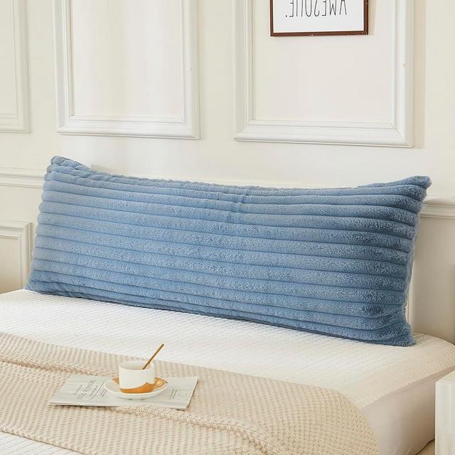 JAUXIO Faux Fur Fluffy Body Pillow Cover Luxury Striped Plush Decorative Body Pillowcase, Ultra Soft and Cozy Zipper Closure 21 x 54 Inches, Dusty Blue