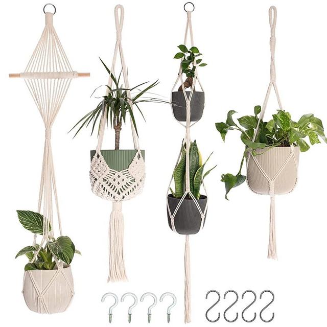 4-Pack Macrame Plant Hanger - with 8 Ceiling Hooks - Hanging Planter Indoor Outdoor - Hanging Plant Holder - Decorative Bohemian Plant Hangers - Hanging Plants (Cream)