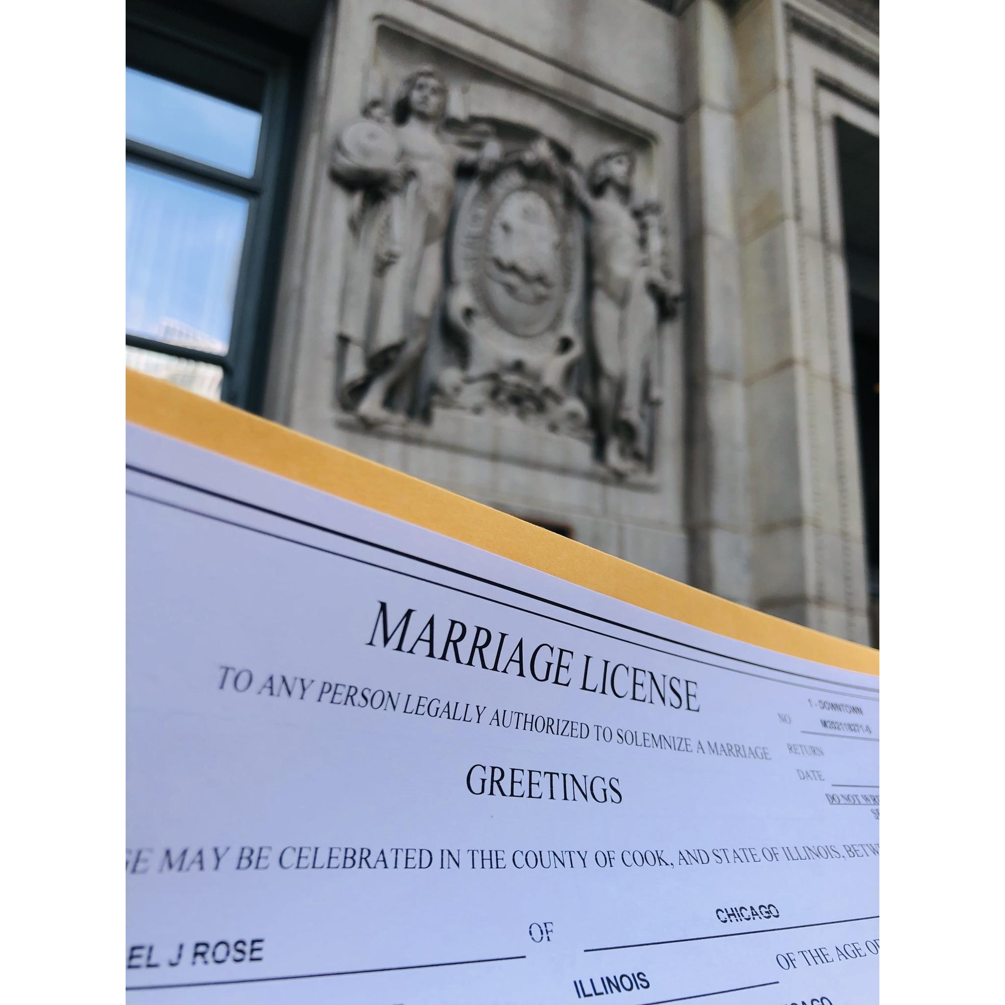 Getting our marriage license from City Hall, Chicago 2021