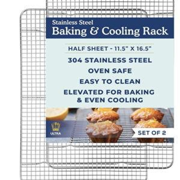 Ultra Cuisine Oven-Safe, Dishwasher-Safe 100% Stainless Steel Cooling and Baking Rack Set Heavy Duty Tight-Wire - 11.5 x 16.5-inch - Set of 2 - Half Sheet Pan Cooling Racks