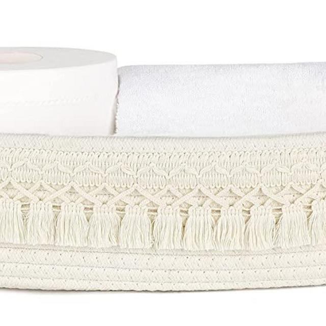 Dahey Woven Basket Macrame Storage Basket for Toilet Tank Top Boho Decor Toilet Paper Basket for Bathroom Organizing, Toilet Tank Tray for Counter Table Bedroom Living Room Nursery, White