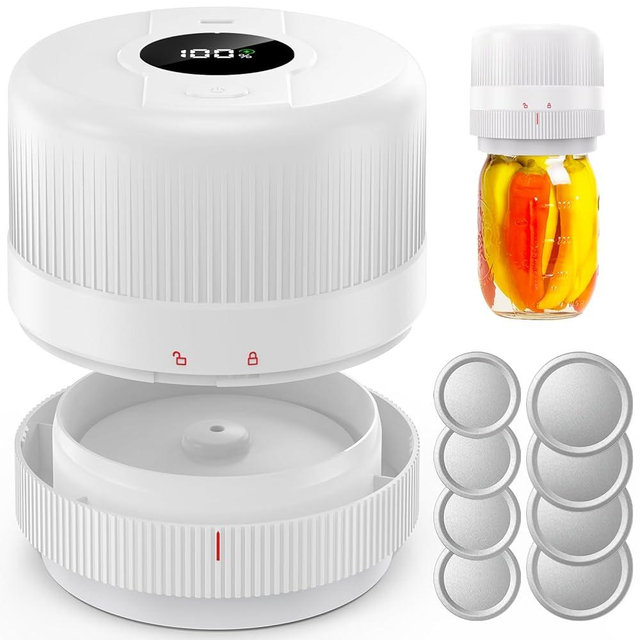 Yonktoo Mason Jar Vacuum Sealer, Electric Mason Jar Vacuum Sealer Kit for Wide & Regular Mouth Jars, High-Efficiency All-In-One Vacuum Sealer for Jars with LED Display and 8 Lids (White)