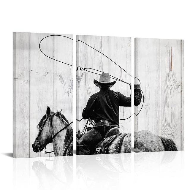 Saypeacher Cowboy Canvas Wall Art Western Painting Decor Cowboy Ride Horse Farm Western Pictures Retro American Cowboy Wall Art Prints (16x32inx3pcs)