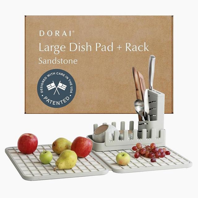 Dorai Home Collapsible Dish Drying Rack and Stone Dish Pad – Large Foldable Dish Drying Rack with Instant - Dry Stone Dish Mat – Space-Saving Drainer for Kitchen Counter - 24.6" x 16.5", Sand