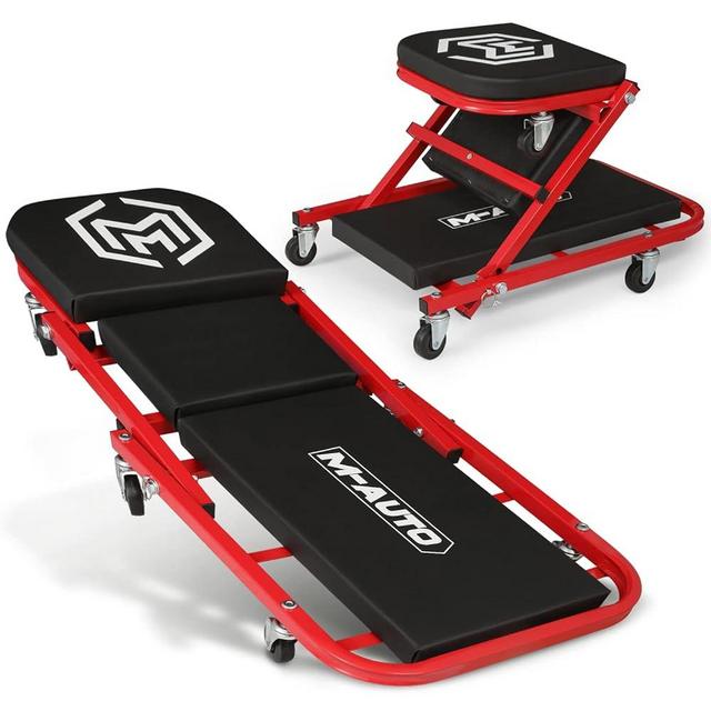 M-AUTO 40-Inch Folding Creeper Rolling Seat, All-in-One Adjustable Roller Garage Chair, Lay Down or Sit, 330LBS Capacity Under Car Roller Creeper with 6 Swivel Casters, Red