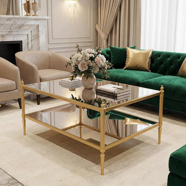 Honyee Gold Glass Coffee Table, 2 Tier Rectangular Coffee Table with Tempered Mirror Top and Glass Shelf, Fluted Metal Frame, Modern Classic Architectural Center Table for Living Room