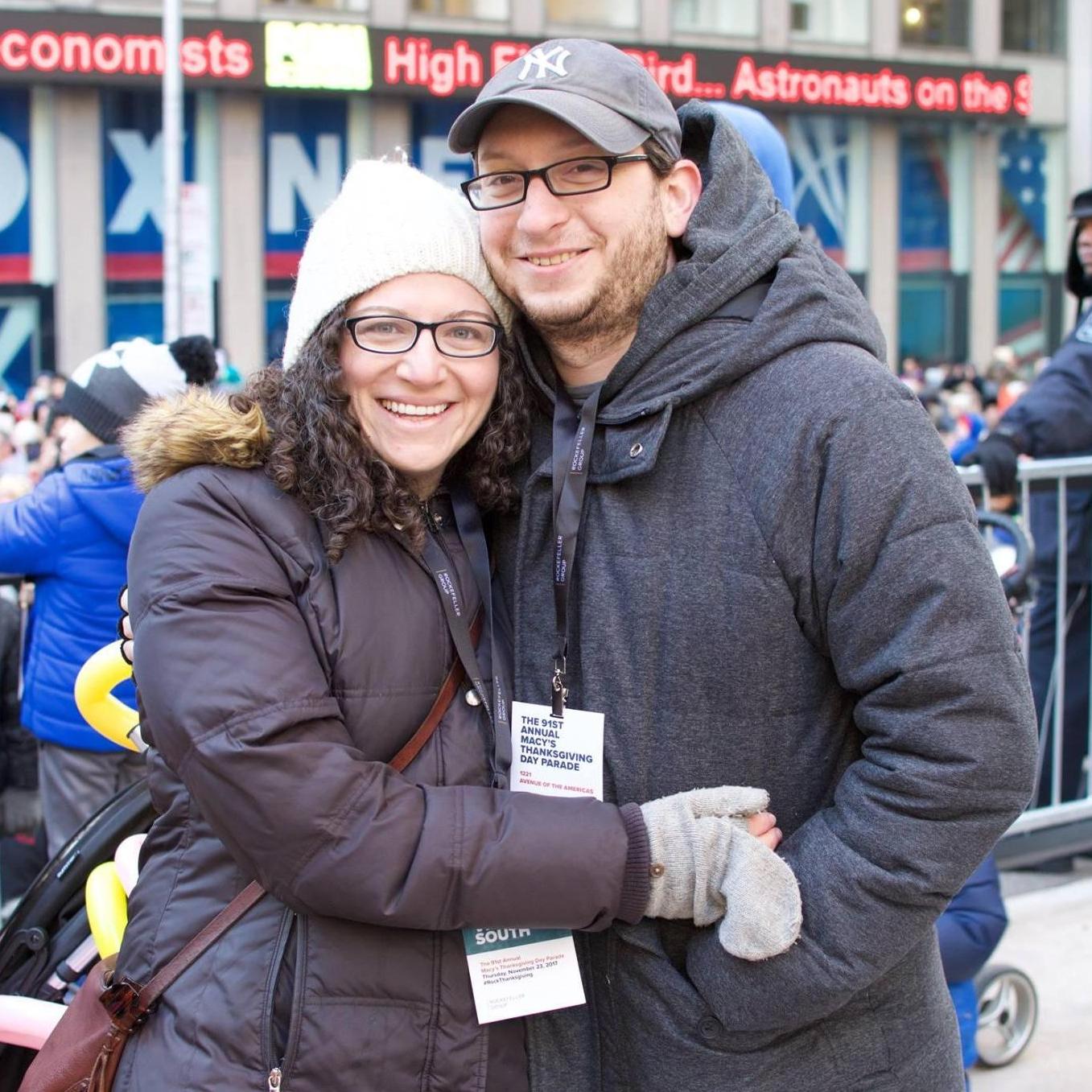 At the Thanksgiving Day Parade, the day after we got engaged.