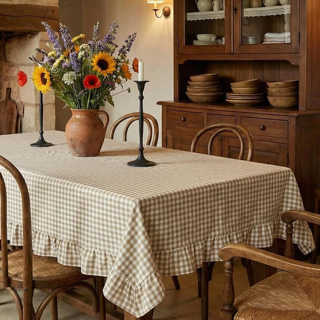 Mindsoft Plaid Ruffled Table Cloth Cotton Linen Fabric Checkered Gingham Tablecloth Farmhouse Vintage Buffalo Plaid Decorative Table Cover for Dining Room Party(60 x 84 Inches,Light Brown)