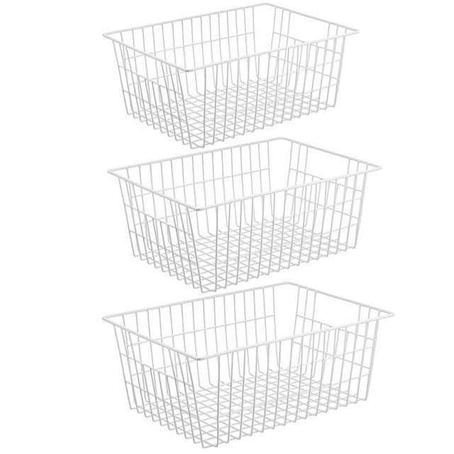 iPEGTOP Metal Wire Stroage Baskets, Large Freezer Refrigerator Organizer Bins, Home Office Shelf Freezer Storage for Bathroom, Pantry, Closets Organization Rack with Handles, 3 Pack, White