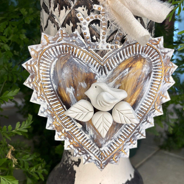 Sacred Heart with Handmade Bird-Milagro Heart-Metal Exvoto Heart