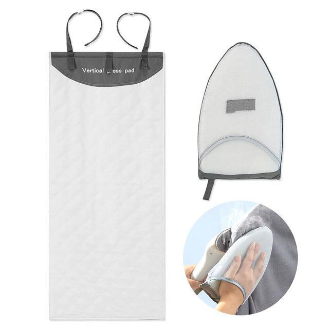 DSVENROLY Over The Door Press Pad, Vertical Mounted Clothes Steamer Shield with Protective Glove, Heatproof Mat for Handheld Garment Care Tools, Gray and White