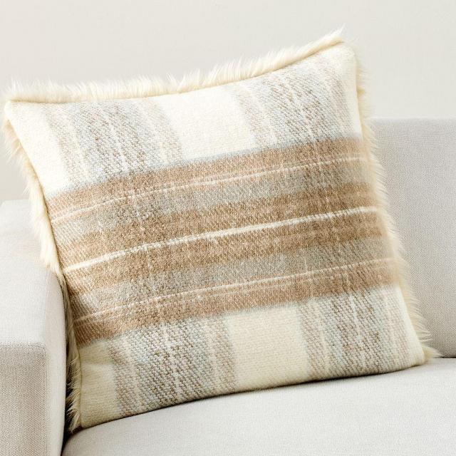 Stewart Plaid With Fur Back Pillow Cover, Ivory/Neutral Multi, 24"