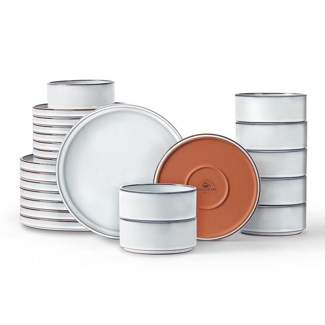 LIANYU Plates and Bowls Dinnerware Sets for 8, 24 Piece Stoneware Tableware Dishes Set Includes Dinner Dessert Plate Cereal Bowl, Rustic Terracotta Underside, Dishwasher & Microwave Safe, Lucent White