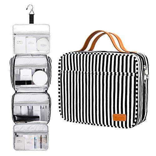 Hanging Travel Toiletry Bag,Large Capacity Cosmetic Travel Toiletry Organizer for Women with 4 Compartments & 1 Sturdy Hook,Perfect for Travel/Daily Use/Christmas Gifts (A-white & black)