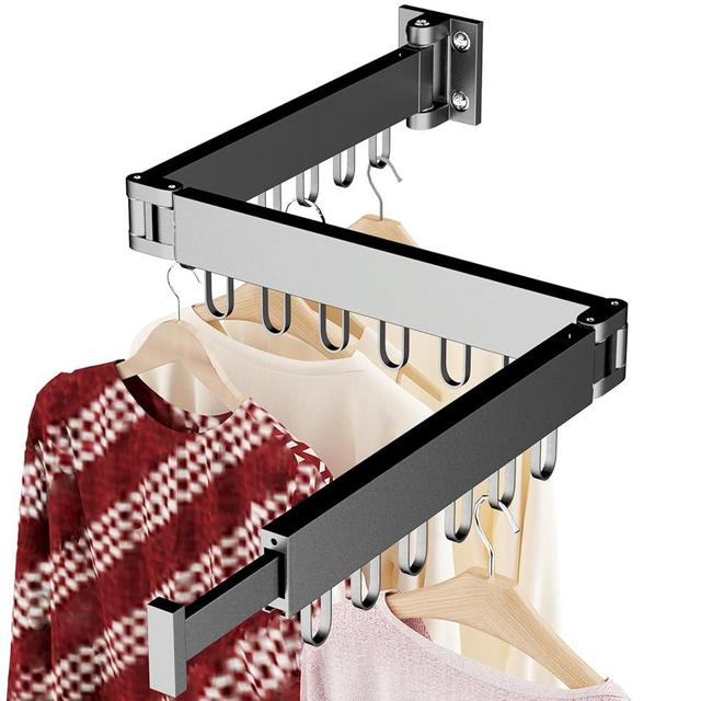 JAUREE Clothes Drying Rack Wall Mounted, Laundry Drying Rack Collapsible, Space Saving Wall Drying Rack Clothing Foldable, Tri-Fold Retractable Rack Outdoor Indoor with 18 Hooks, Black