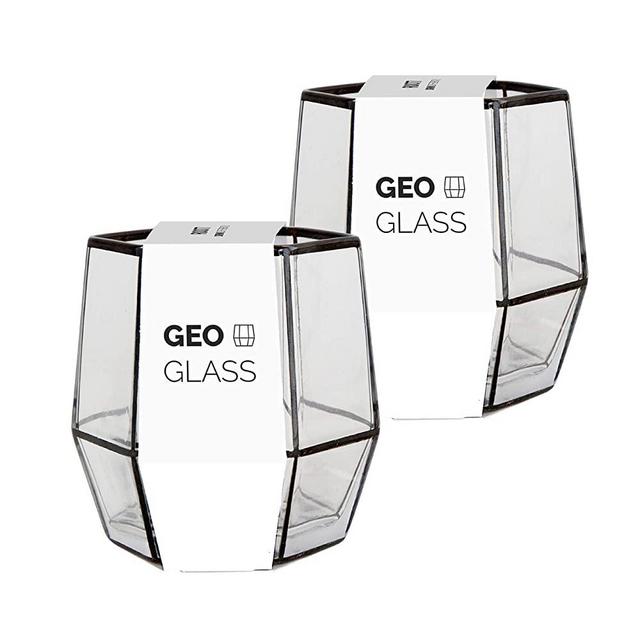 Black Geometric Old Fashioned Glass Set, Bespoke Drinking Glass, Liquor Glass, Unique 11oz Tumbler Glass for Juice, Whiskey, Scotch, Bourbon and Tonic with Metallic Black Patterned Edges by Root7