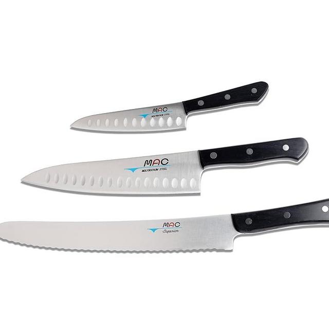MAC Knife Chef series 3-piece starter knife set CHEF-32, TH-80 Chef series 8" dimpled Chef's knife, TH-50 Chef series 5" dimpled Paring knife, SB-105 Superior series 10.5" Bread knife, made in Japan