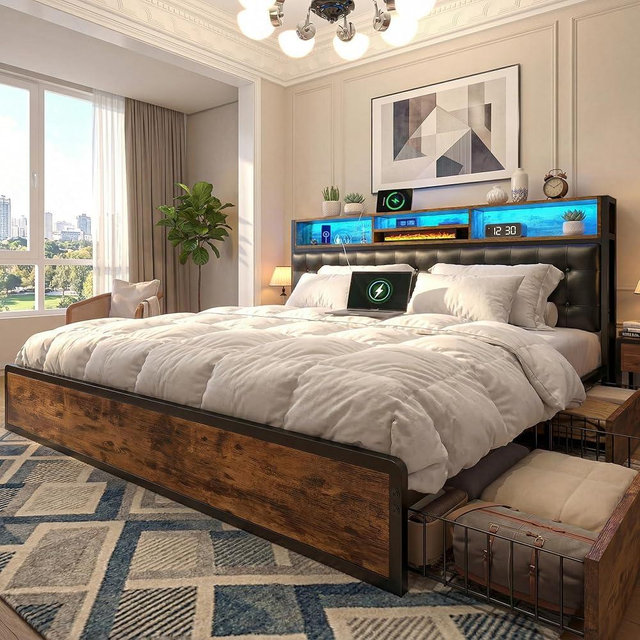 EnHomee King Size Bed Frame with 4 Storage Drawers, LED Lights & Charging Ports, Upholstered Platform Bed Frame with Tufted 3-Tier Headboard, 1100 LBS Heavy Duty Metal Slats,Vintage Brown