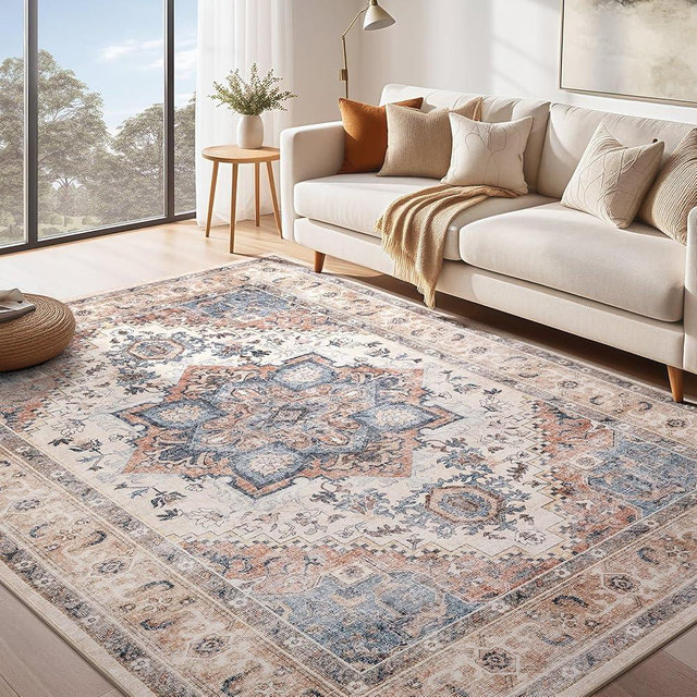Washable Rug 10x14 Area Rugs: Boho Vintage Distressed Oriental Medallion Neutral Thin Large Rug Carpet for Living Room Bedroom Dining Room Home Office Decor - Camel