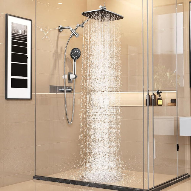 Veken 11.8" Rain Shower Head with Handheld, High Pressure Handheld Shower with Multi Spray Modes, Rainfall Combo with 15" Metal Extension Arm, Detachable Dual Shower, Bathroom Decor, Chrome Silver