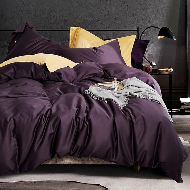 EAVD Modern Style Dark Purple Duvet Cover King Soft 100% Long Staple Cotton Reversible Purple Bedding with 2 Button Pillowcases Luxury Solid Color Dark Purple Comforter Set with Zipper Closure