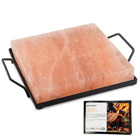 UMAID Natural Himalayan Salt Cooking Block With Iron Tray & Recipe Pamphlet (Medium 8X8X1.5) for Cooking, Grilling, Cutting and Serving.