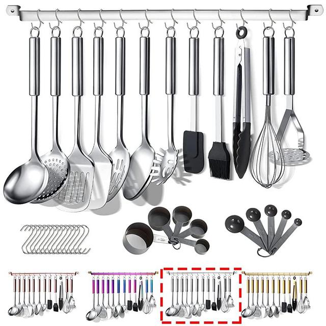 Berglander Kitchen Utensils Set 38 Pieces, Stainless Steel Cooking Utensils Set, Kitchen Gadgets Cookware, Kitchen Tool Set with Utensil Holder Rack And Hooks For Hanging Dishwasher Safe