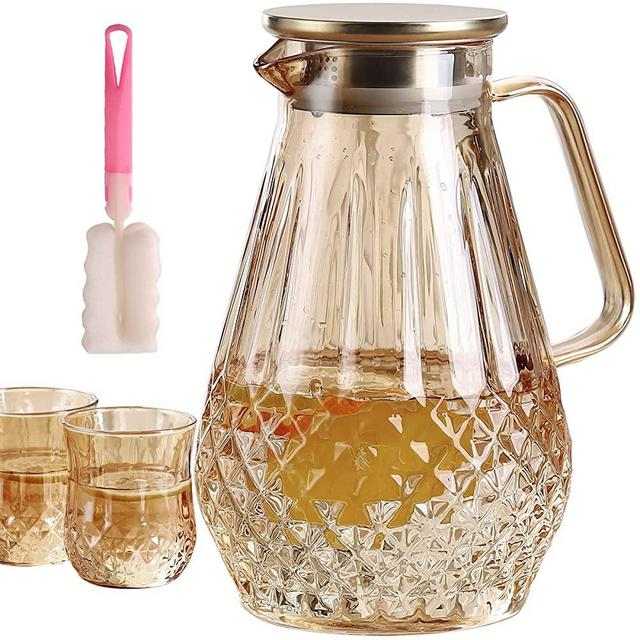WONCRYS Borosilicate Glass Pitcher Set With Lid and 2 Cups, 68 oz Diamond Pattern, Stainless Steel Lid, Glass Kettle for Tea, Milk, Hot and Iced Beverages, Amber Color(2000 Milliliters)