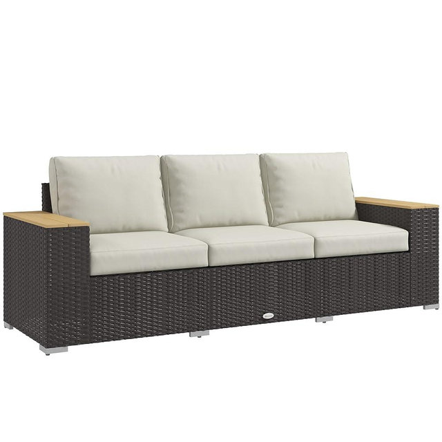 Outsunny 3-Seat Patio Sofa with Cushions, PE Rattan Outdoor Couch with Wood Grain Wide Armrests for Porch, Sunroom, Garden, Poolside, Beige