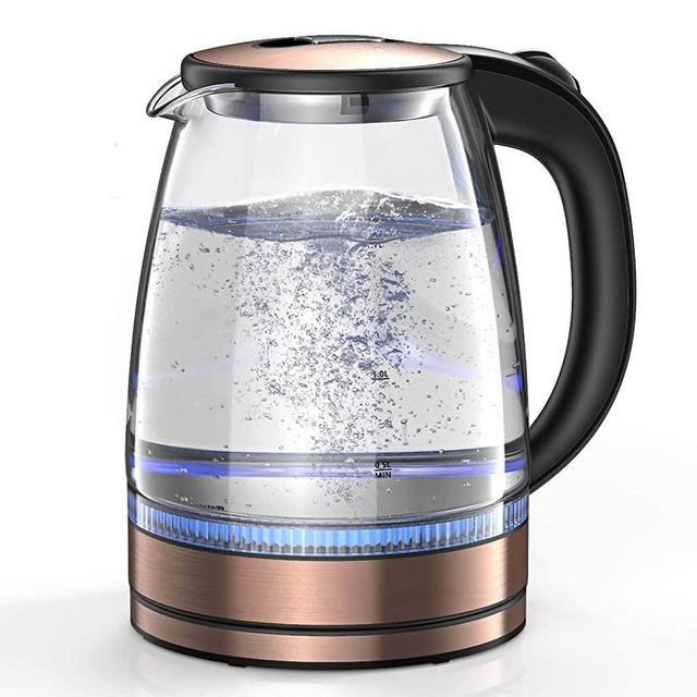 Electric Kettle, 1.7L Glass Boiler Electric Tea Kettle, Blue LED Indicator Light, Cordless Teapot Tea Heater, 304 Stainless Steel Hot Water Kettle Boil-Dry Protection & Auto-Shutoff, DE1733 (Champagne Gold)