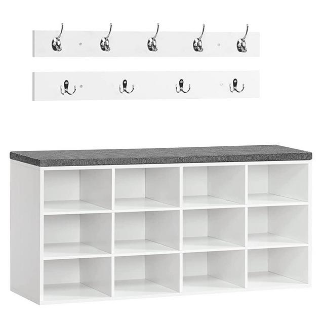 HOOBRO Shoe Storage Bench with Cushion, Entryway Bench, 39.4" Hall Tree, Coat Rack, 12 Cubbies, Holds up to 330 lb, Shoe Rack, Storage Cabinet for Bedroom, Hallway, White and Gray WT112HX01