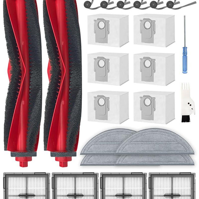 iRobacc 24 Pcs Accessories Kit for Roborock Q10 S5+ Robot Vacuum Cleaner, Replacement Parts with 2 Main Brush, 6 Side Brushes, 4 HEPA Filters, 6 Dust Bags, 4 Mop Pads, 1 Cleaning Brush