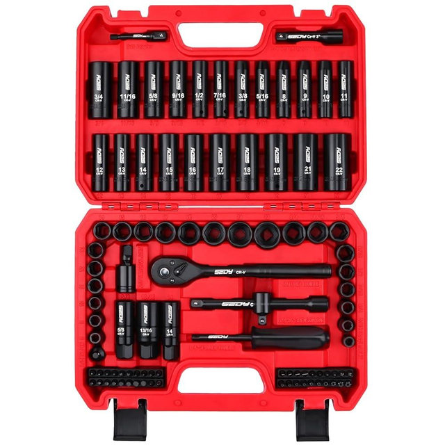 96-Piece 3/8" Drive Impact Socket Wrench and Bit Set, SAE 5/16”-3/4” & Metric 8-22mm, Cr-V Standard & Deep Sockets, Power Bits, Ratchet Handle, Universal Joint, Bit Holder, Adapters, Spark Plug Socket