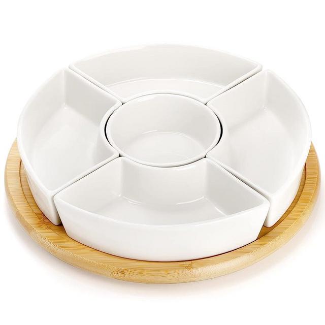 Lyellfe Divided Serving Dish Lazy Susan, Porcelain Appetizer Snack Tray Platter for Fruit, Veggies, Candy, Chip and Dip, Relish Tray for Christmas Thanksgiving Party, 5 Removable Compartment, White