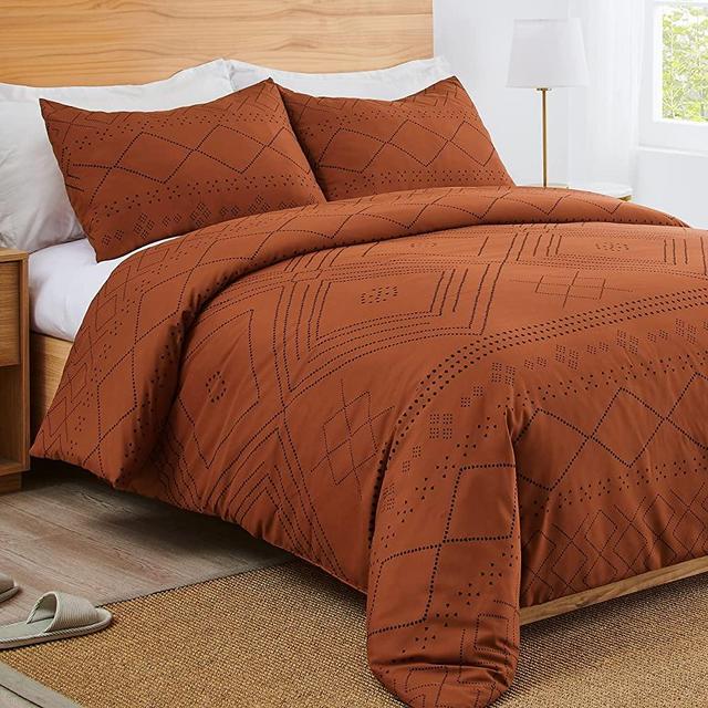 Boho Bohemian Tribal Black and Orange Rustic Geometric Duvet Comforter Cover and Sham 3 pc. Full Queen Size Bed Bedding Set Bedroom Aesthetic Aztec Patterned Urban Southwestern Indian Retro Farmhouse